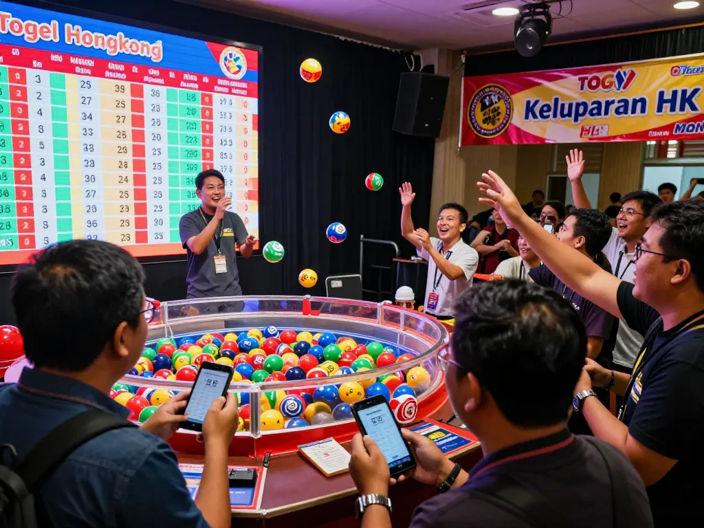 Keluaran HK event with players eagerly checking lottery numbers and colorful balls during a live draw, capturing the excitement of Togel Hongkong.