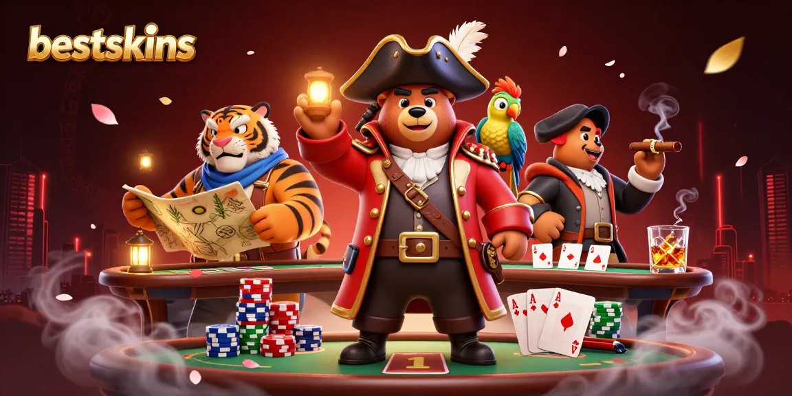 bestskins-themed poker scene illustrated with cartoon pirate bear, majestic tiger, and gold parrot