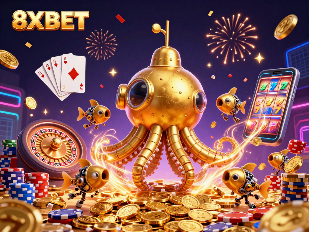 A thrilling 8XBET casino experience showcasing the golden kraken submarine in action, bursting with excitement and treasures.