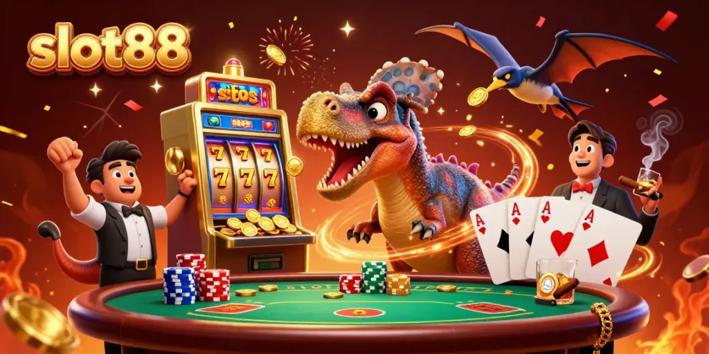Win jackpots with slot88 as a prehistoric dinosaur activates slots and coins fly