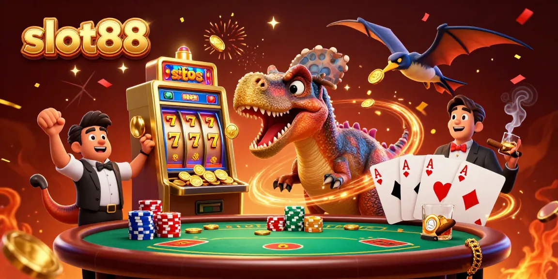 Win jackpots with slot88 as a prehistoric dinosaur activates slots and coins fly