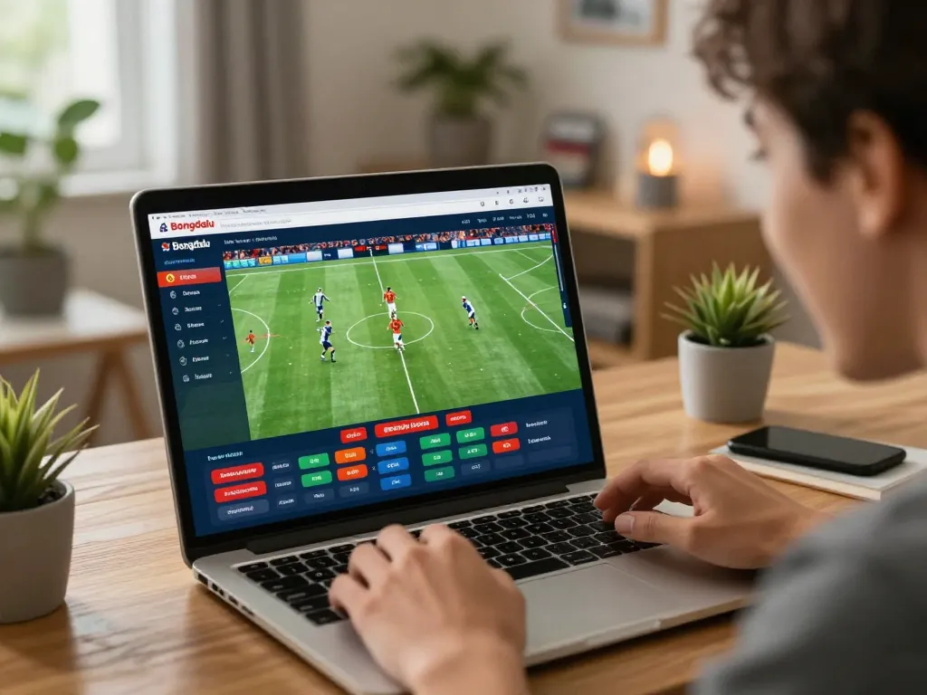 Bongdalu user engaging with live sports betting interface on laptop, creating excitement in a cozy home setting.