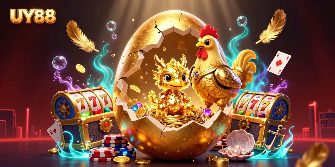 Engage with UY88's thrilling gambling world featuring a golden dragon and poker chips amidst slot reels.