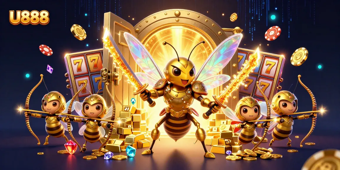 U888 interactive illustration showcasing a giant golden hornet in samurai armor and casino elements.