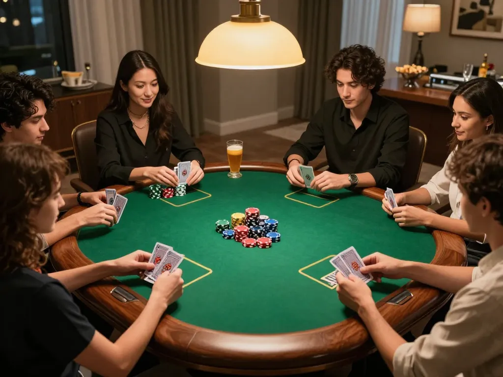 At 388bet, friends play poker in a stylish home game room with engaging moments and snacks.