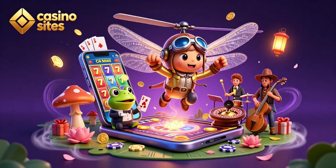 Engage with captivating casino sites featuring a dragonfly pilot and frog croupier.
