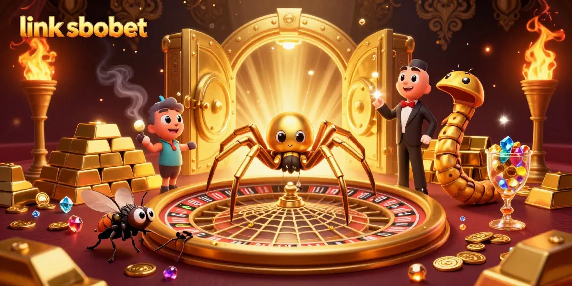Place bets with link sbobet in this vibrant 3D casino scene featuring gold, gems, and excitement.