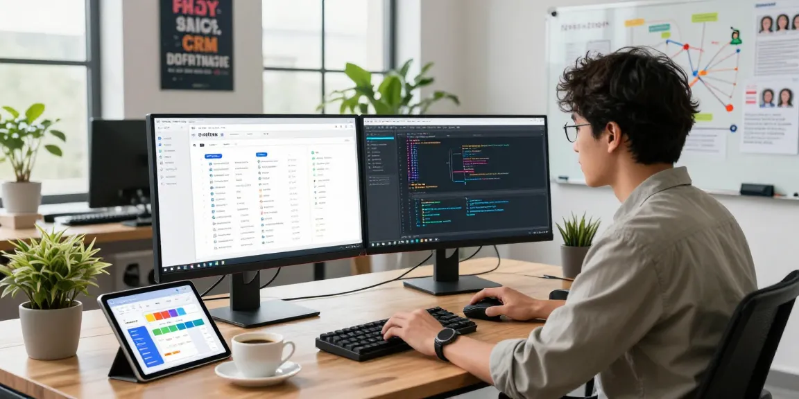 Custom CRM Development Services showcased in a modern tech workspace, with an engineer working on CRM design.