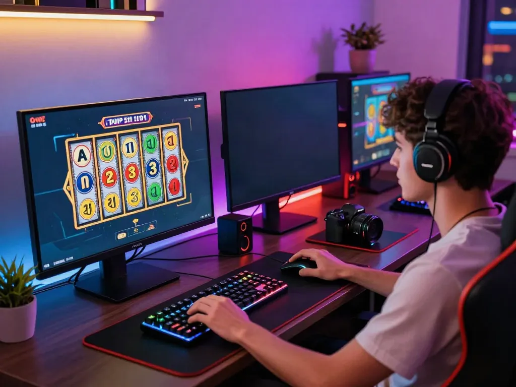 Pengalaman bermain slot777 dengan suasana gaming modern dan aksesori bermain.