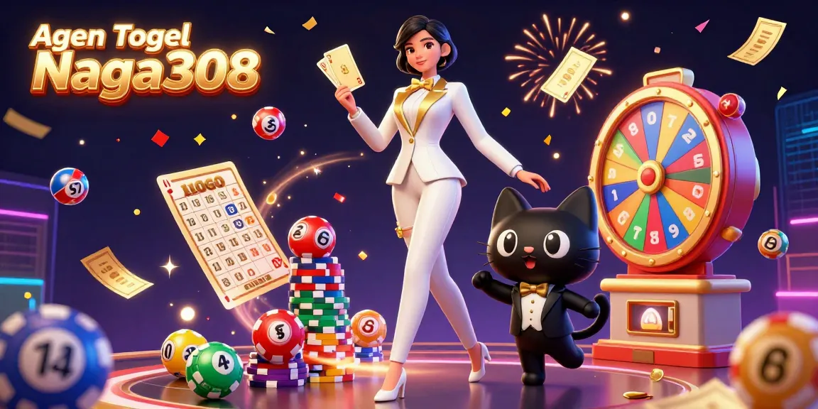 A thrilling scene of Agen Togel Naga308 featuring colorful lottery balls bouncing and a glamorous woman shuffling cards.