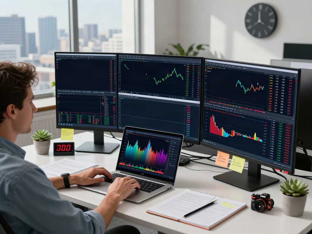 Trader using tradingview官网 on multiple screens in a modern office.