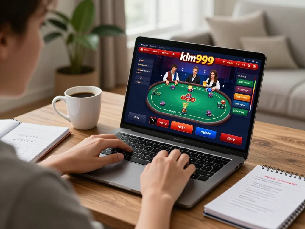 Player enjoying a strategic session on kim999 online casino, laptop showing poker game interface in cozy home setting.