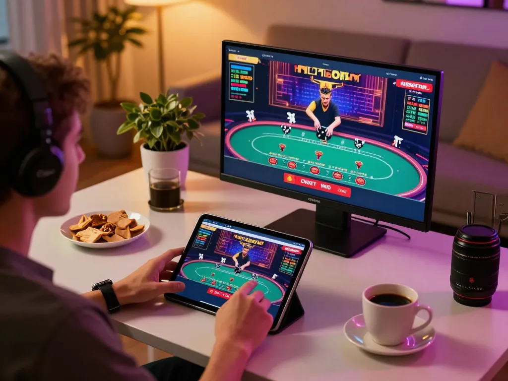 Engaging user playing onbet online casino from cozy home setup with tablet.