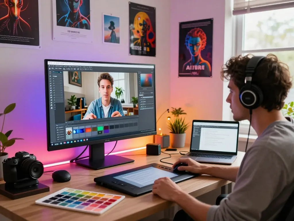 Digital artist generating video to prompt insights in a vibrant workspace with design tools.