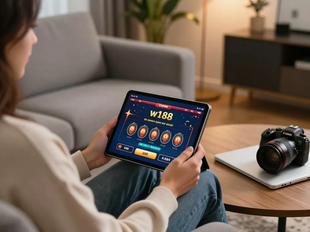 Engaged user playing on w188 tablet with betting notes in cozy home setting.