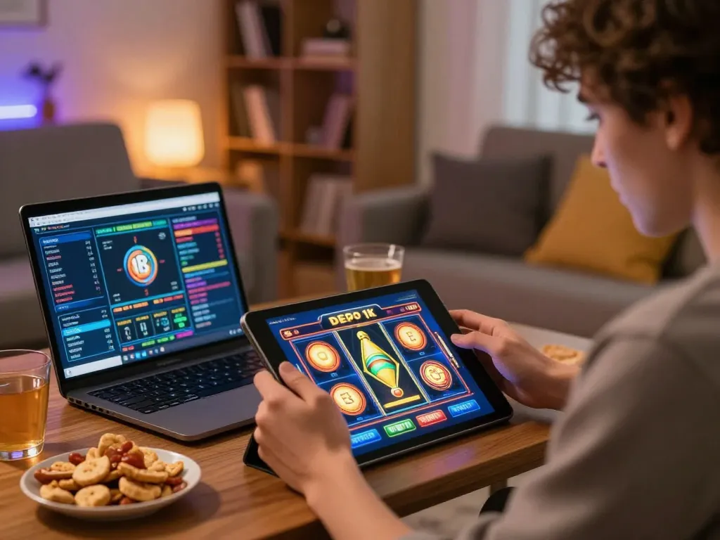 Player engaging in slot depo 1k gameplay on a tablet in a cozy home setting with strategic notes.