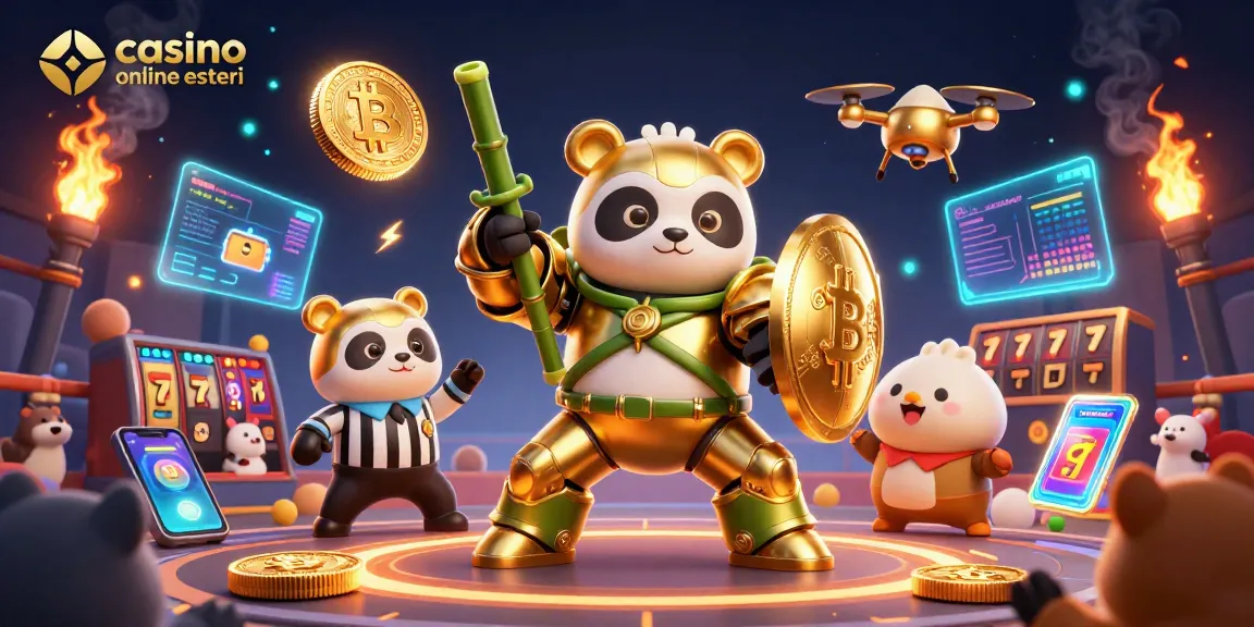 Casinò online esteri: una scena dinamica con un panda dorato in un robot mentre gioca alle videol slot.