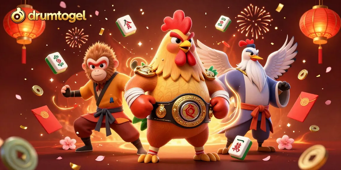 Tampilkan drumtogel dengan ayam Muay Thai, monyet Shaolin, dan master bangau di latar kasino