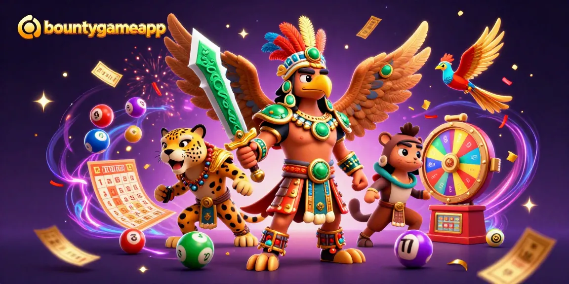 Menghadirkan bountygameapp dengan pahlawan Aztec dan elemen taruhan seperti bola lotere berwarna-warni dan kartu bingo.