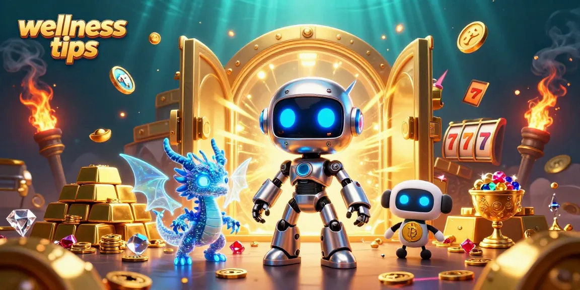 Engaging wellness tips scene featuring a cyberpunk robot at a vibrant casino with gold treasures.