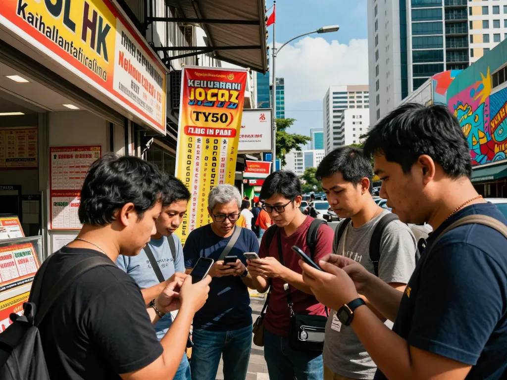 Players celebrating Keluaran HK results outside a modern betting shop, excited atmosphere.