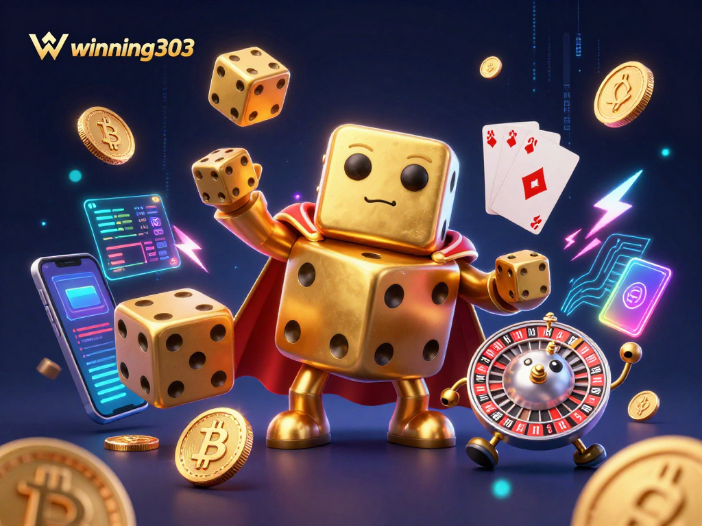 Engage with winning303's vibrant casino action featuring golden dice and crypto elements.