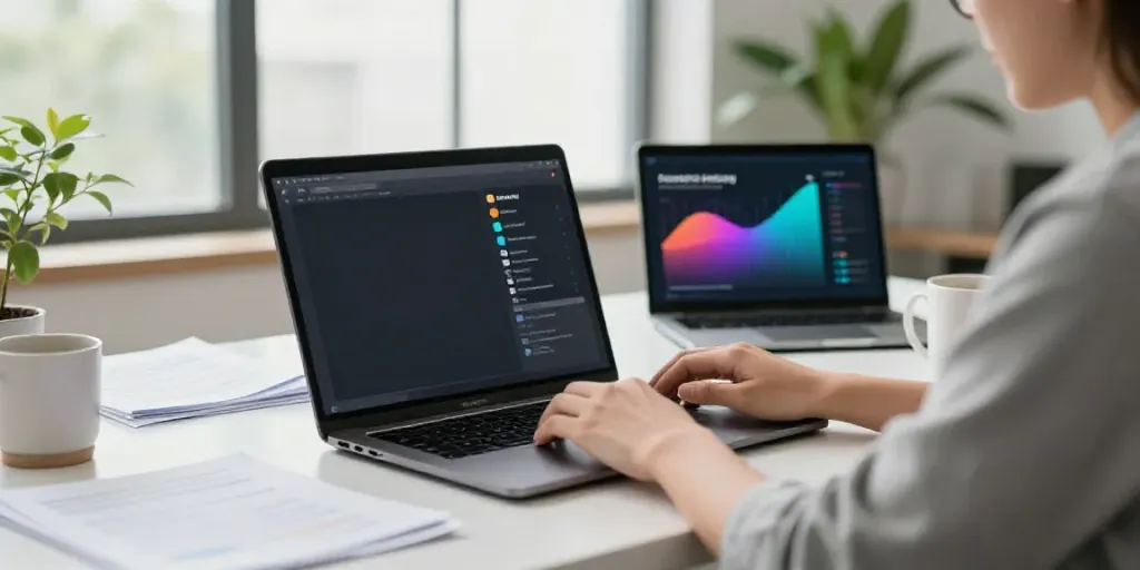 Online AI copywriter in a modern workspace creating content with technology and notes.