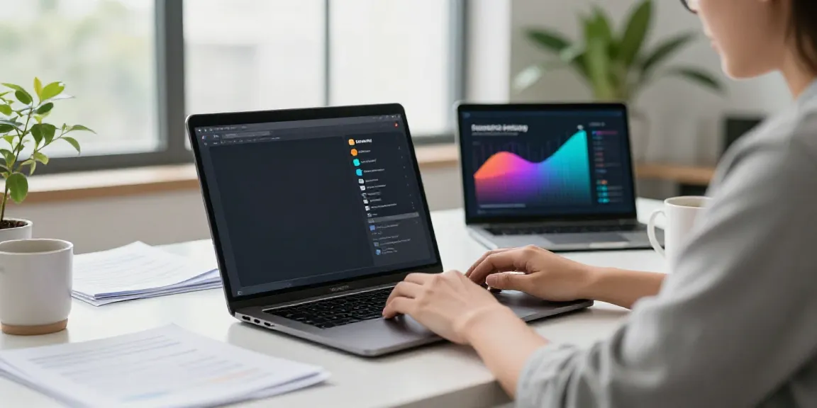 Online AI copywriter in a modern workspace creating content with technology and notes.