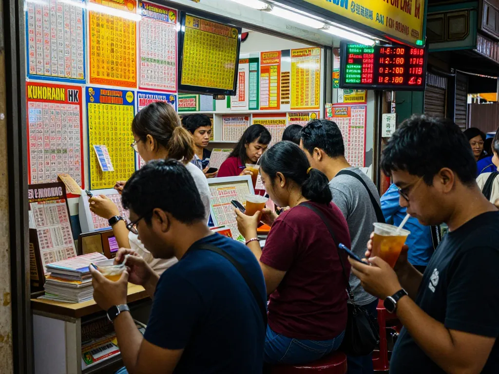 Keluaran HK results displayed at a lively local lottery shop, engaging atmosphere of players checking their tickets.