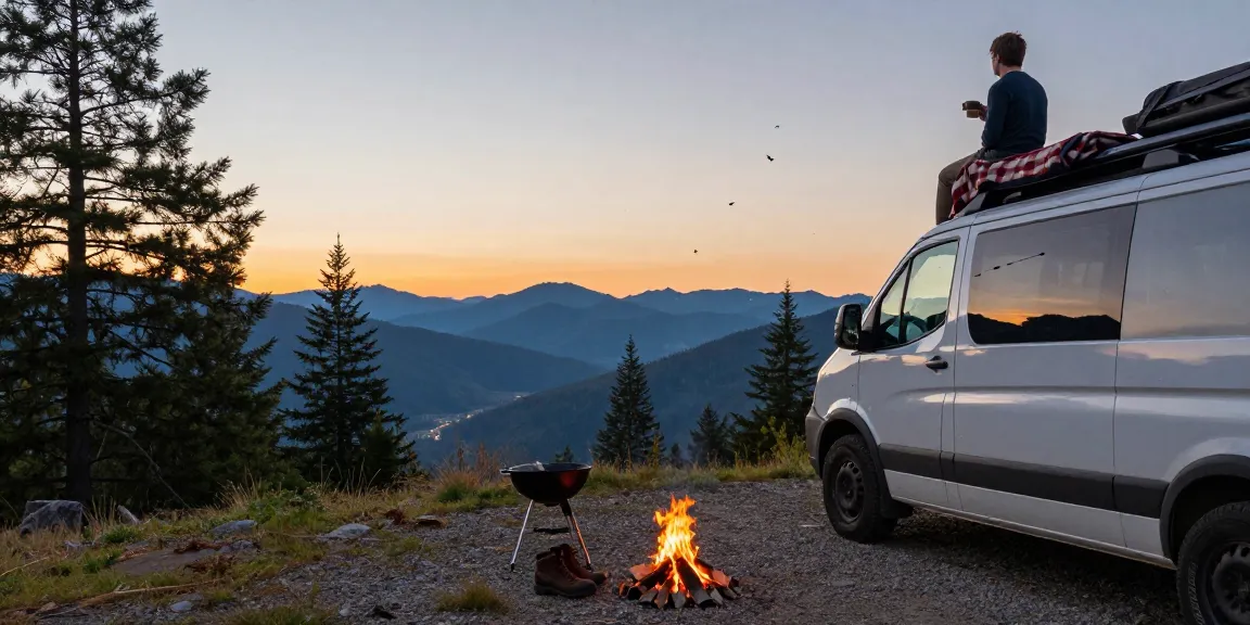 Rokok88 link alternatif scenic van life adventure scene at sunset with coffee and nature.