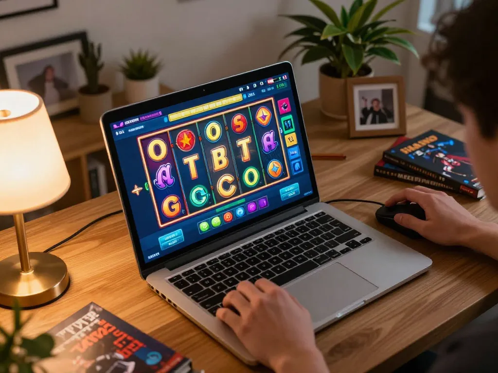 Player engaging with a colorful slot gacor game on laptop in a cozy home office setting