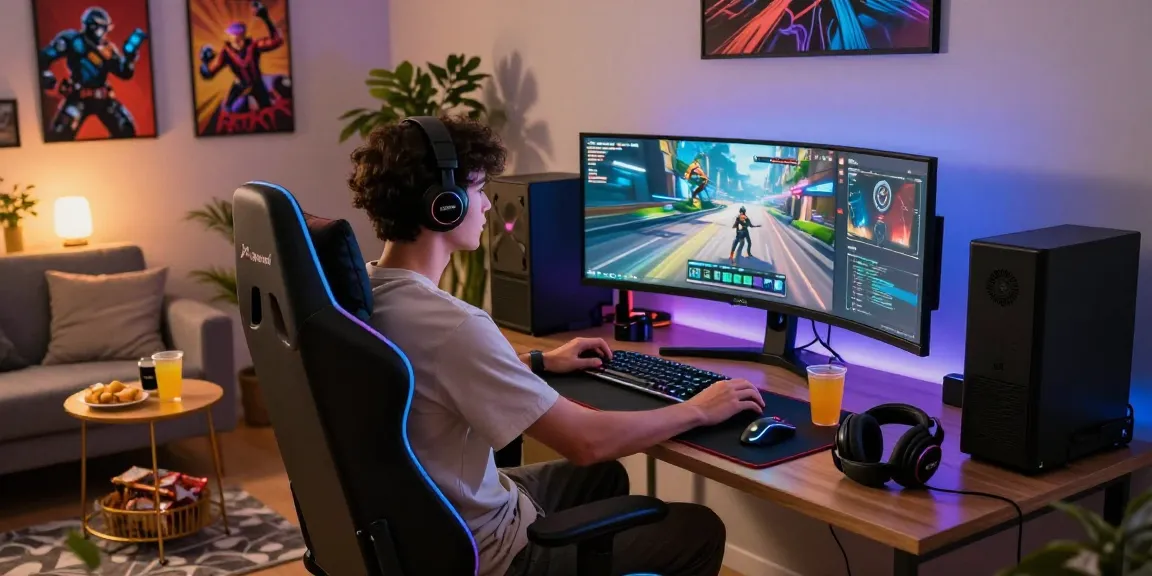 Immersive gaming experience with rokok88 setup in a cozy living room, featuring vibrant visuals and modern gaming gear.