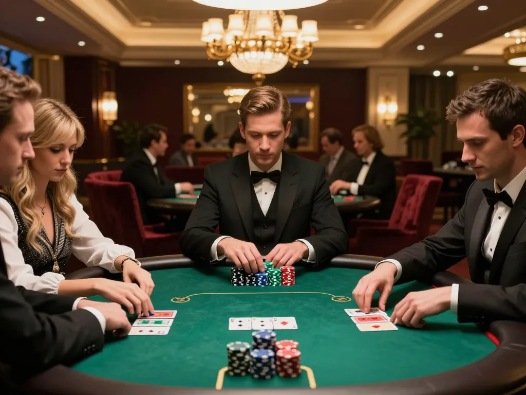 Engaged players enjoying a thrilling poker game at 92slot casino, dynamic table action visible.