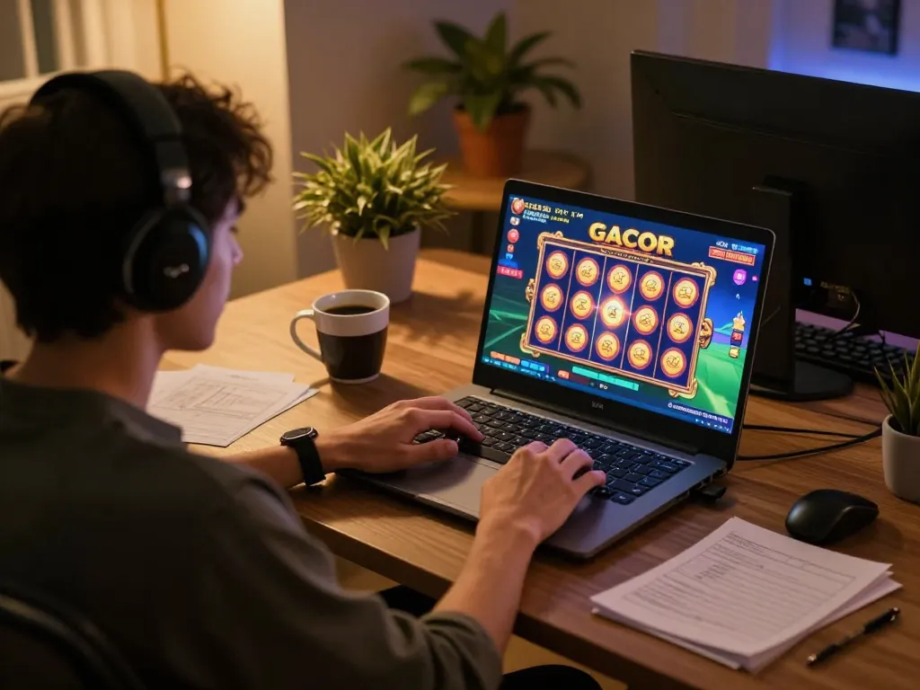 Player engaging with a slot gacor game on laptop in a cozy gaming nook.