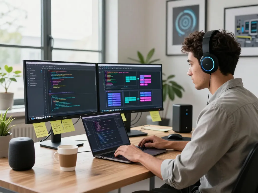 Developer utilizing Clawdbot AI for task automation in a modern workspace.
