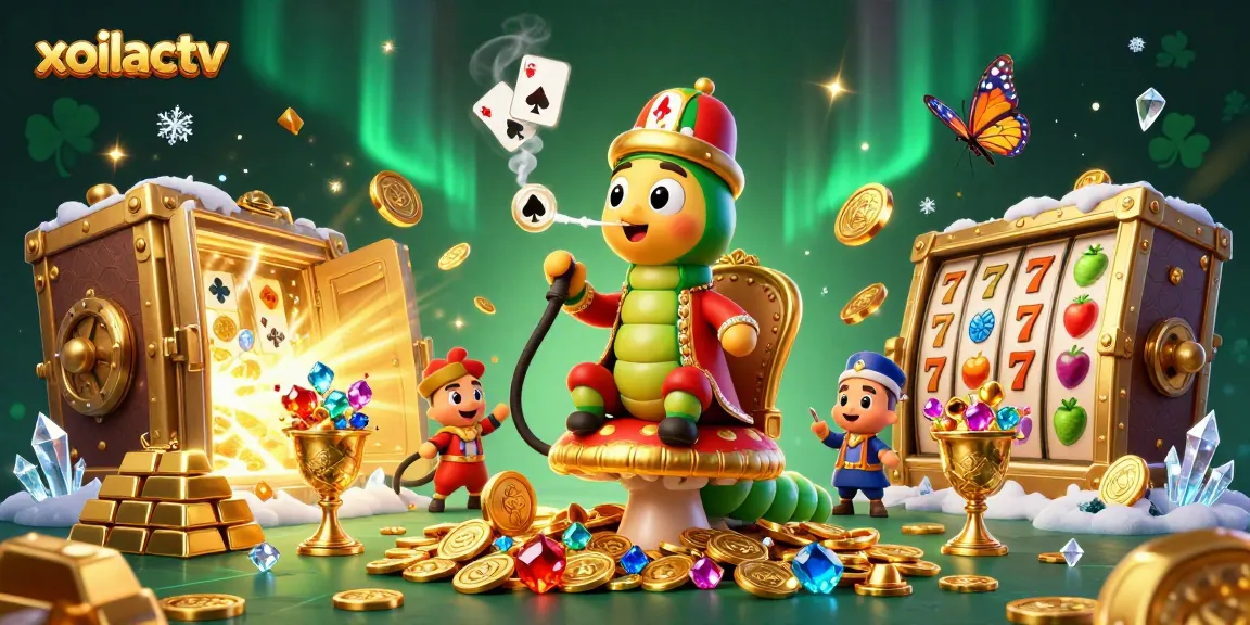 Experience casino excitement with xoilactv's vibrant illustration showcasing slot symbols and treasures.