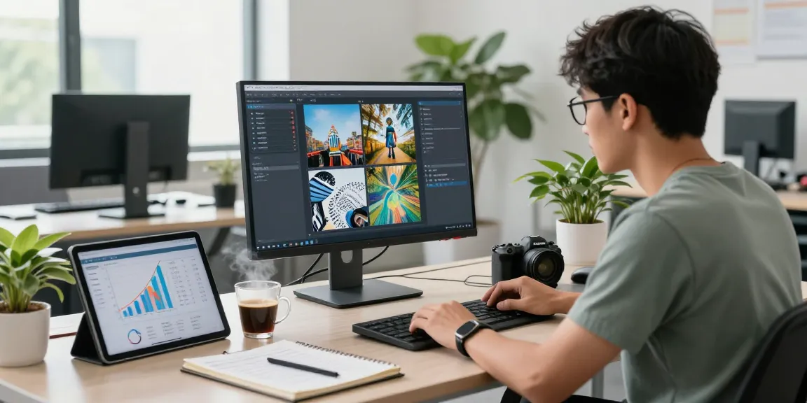 Data scientist using an ai image checker in a modern tech workspace, analyzing AI-generated images on a high-resolution monitor.