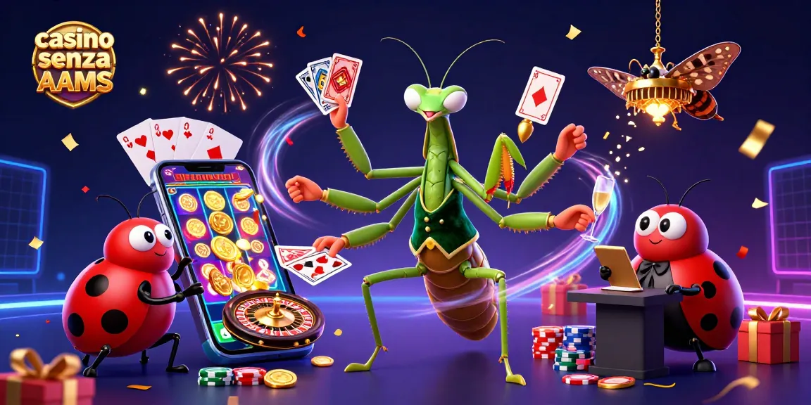Scopri il gioco nei casino senza AAMS con una mantide che distribuisce carte e una coccinella che supervisiona.