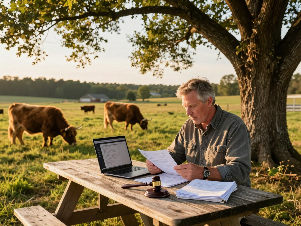 Stephen Gleave Ancaster working outdoors on a legal case surrounded by nature and Highland cattle.