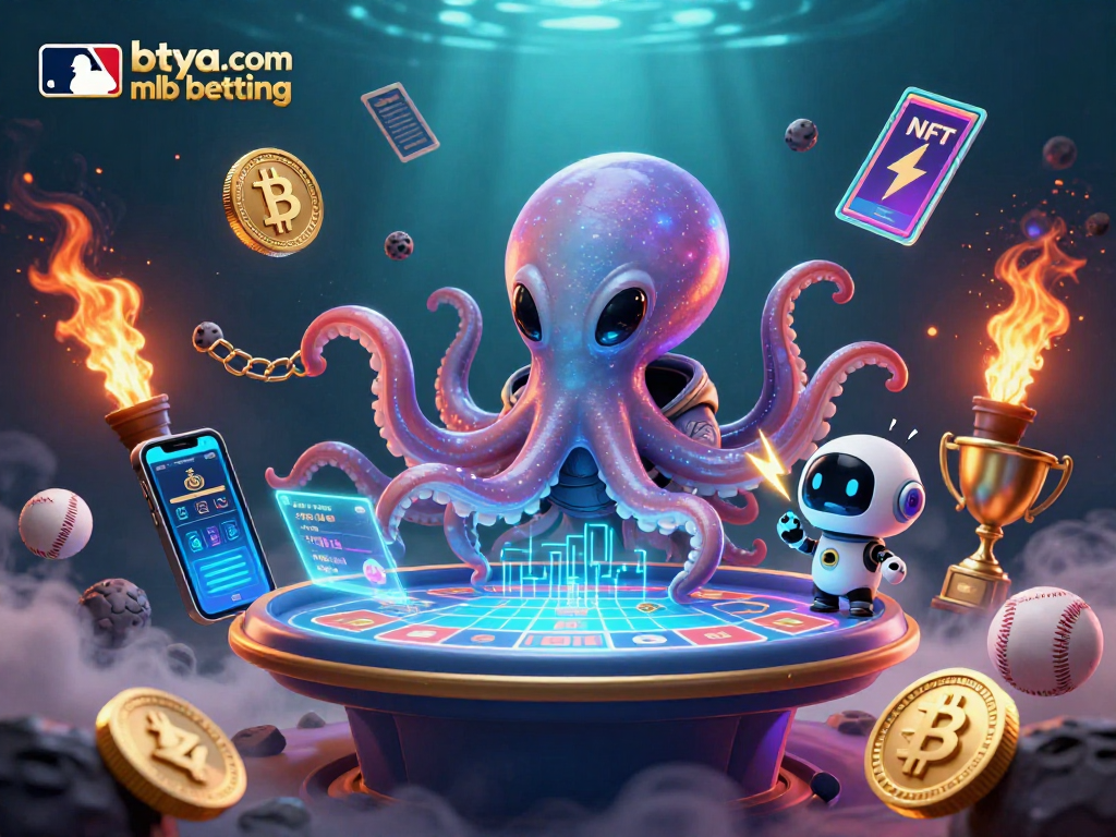 Engage in betya.com mlb betting with this vibrant illustration of a playful alien octopus at a holographic betting table.