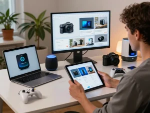 Engaged user exploring smart tech gadgets in a modern office setting, showcasing innovative devices.