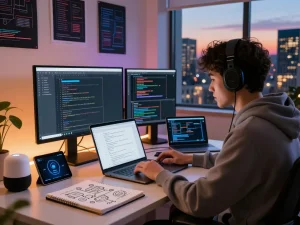 Moltbot AI developer workspace with coding tools and vibrant city view at dusk.