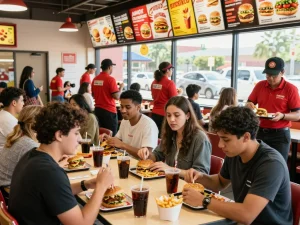 Fast food prices displayed in a lively restaurant setting with customers enjoying meals.