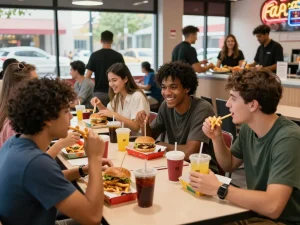 Friends enjoying various meals highlighting fast food prices in a lively restaurant setting.