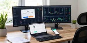 Secure cloud mining platform analytics displayed on dual monitors in a modern crypto workspace, highlighting trading strategies and wallet management.