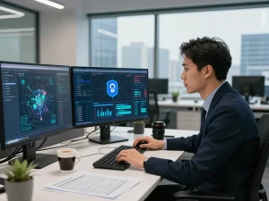 Cybersecurity analyst tackling security challenges in a modern office with multiple monitors and threat data.