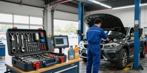 Mechanic working in an automotive workshop, showcasing depo 5k engine diagnostics and professional craftsmanship.