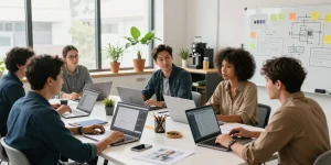 Freelancers collaborating in a workspace to strengh up your portfolio effectively, surrounded by laptops and brainstorming materials.