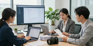 Detect fake receipt analysis in a modern office setting with professionals using AI tech.