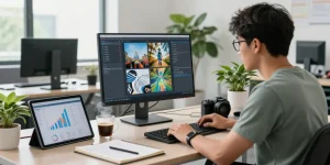 Data scientist using an ai image checker in a modern tech workspace, analyzing AI-generated images on a high-resolution monitor.